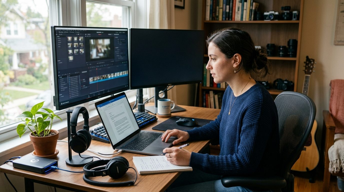 A freelance designer reviewing an AI-drafted job application on a laptop at a home desk